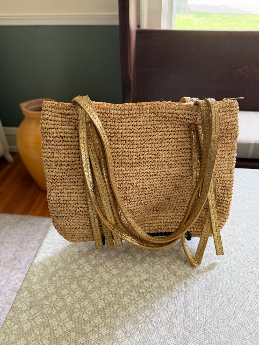 Flora Bella Raffia Crochet Tote Gold Metallic Leather Straps Fringe NWT